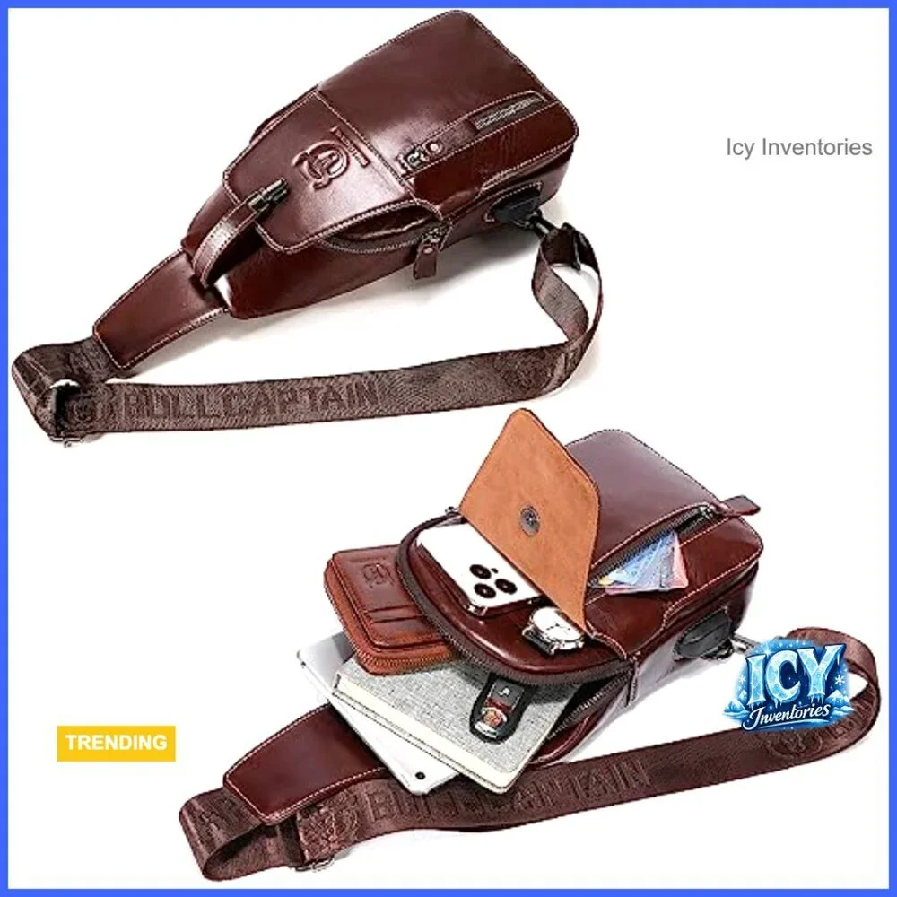 Genuine Leather Sling Bag Crossbody Backpack with USB Charging Port